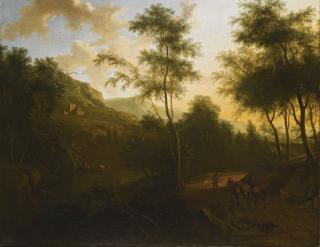 Frederik De Moucheron - An Extensive Italianate Landscape With Mounted Travellers In The Foreground, A River With Fishermen And A Castle Beyond