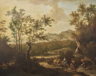 Frederik de Moucheron - An italianate landscape with riders on a country road