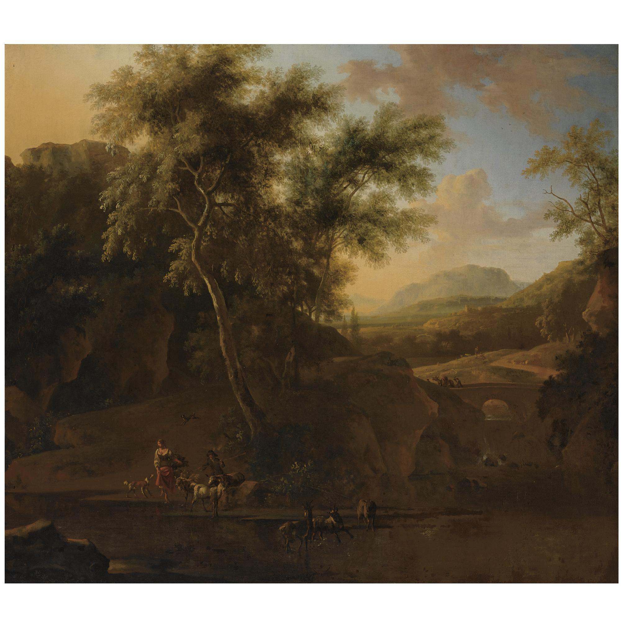 Frederik de Moucheron - An Italianate Wooded River Landscape With Shepherds And Their Herd Of Goats In The Foreground, Two Travellers And A Donkey On The Bridge Beyond