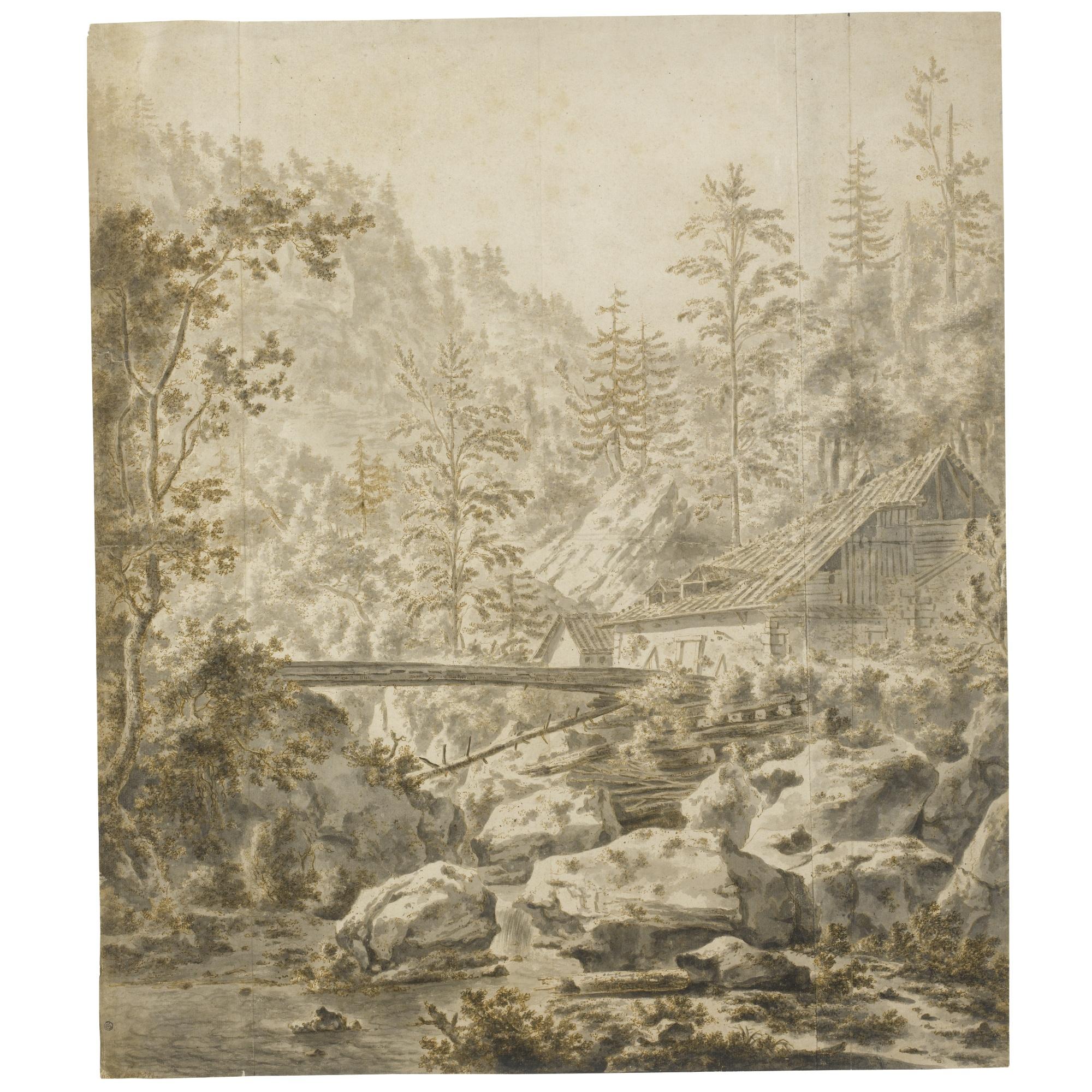 Frederik De Moucheron - Mountainous River Landscape With Buildings And A Bridge Over A River