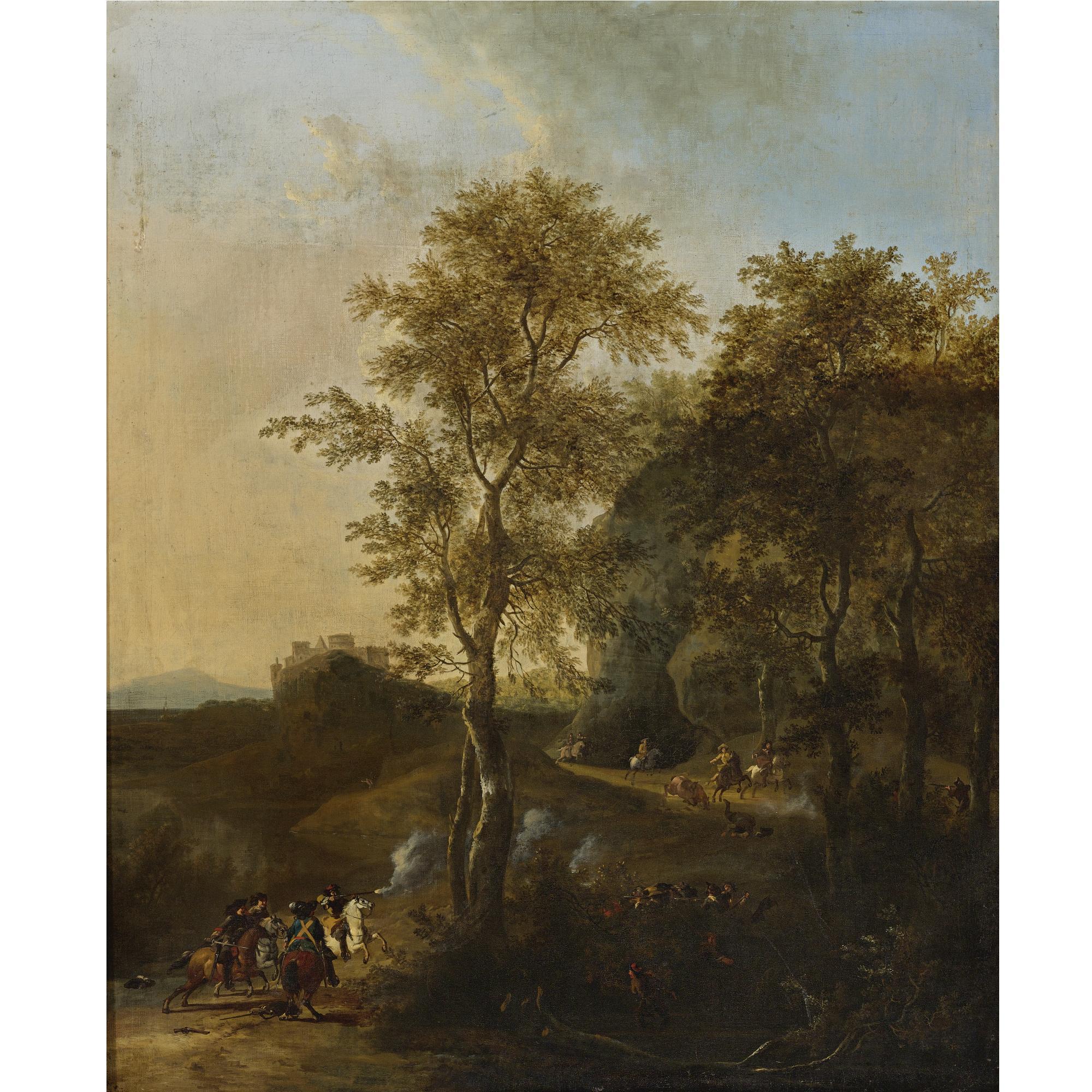 Frederik de Moucheron - Rocky Landscape With A Cavalry Skirmish