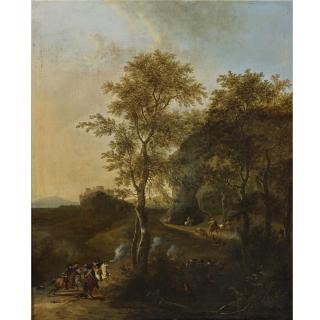 Frederik de Moucheron - Rocky Landscape With A Cavalry Skirmish