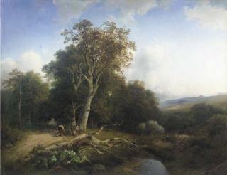 Frederik Hendrik Hendriks - Peasants resting by a tree in a wooded valley