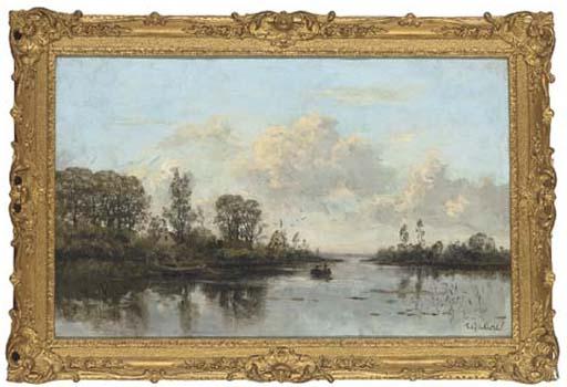 Frederik Jacobus Du Chattel - A barge on a quiet stretch of the river