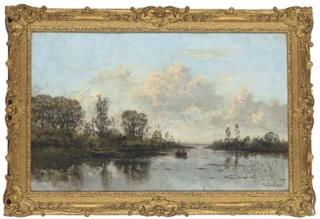 Frederik Jacobus Du Chattel - A barge on a quiet stretch of the river