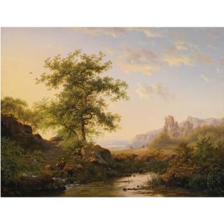 Frederik Marianus Kruseman - Dutch figures On The Waterfront In A Summer Landscape, A Fantasy Of The Brederode Ruin In The Background