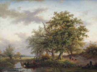 Frederik Marinus Kruseman - A Summer Landscape With A Fishing Boat On A Pond