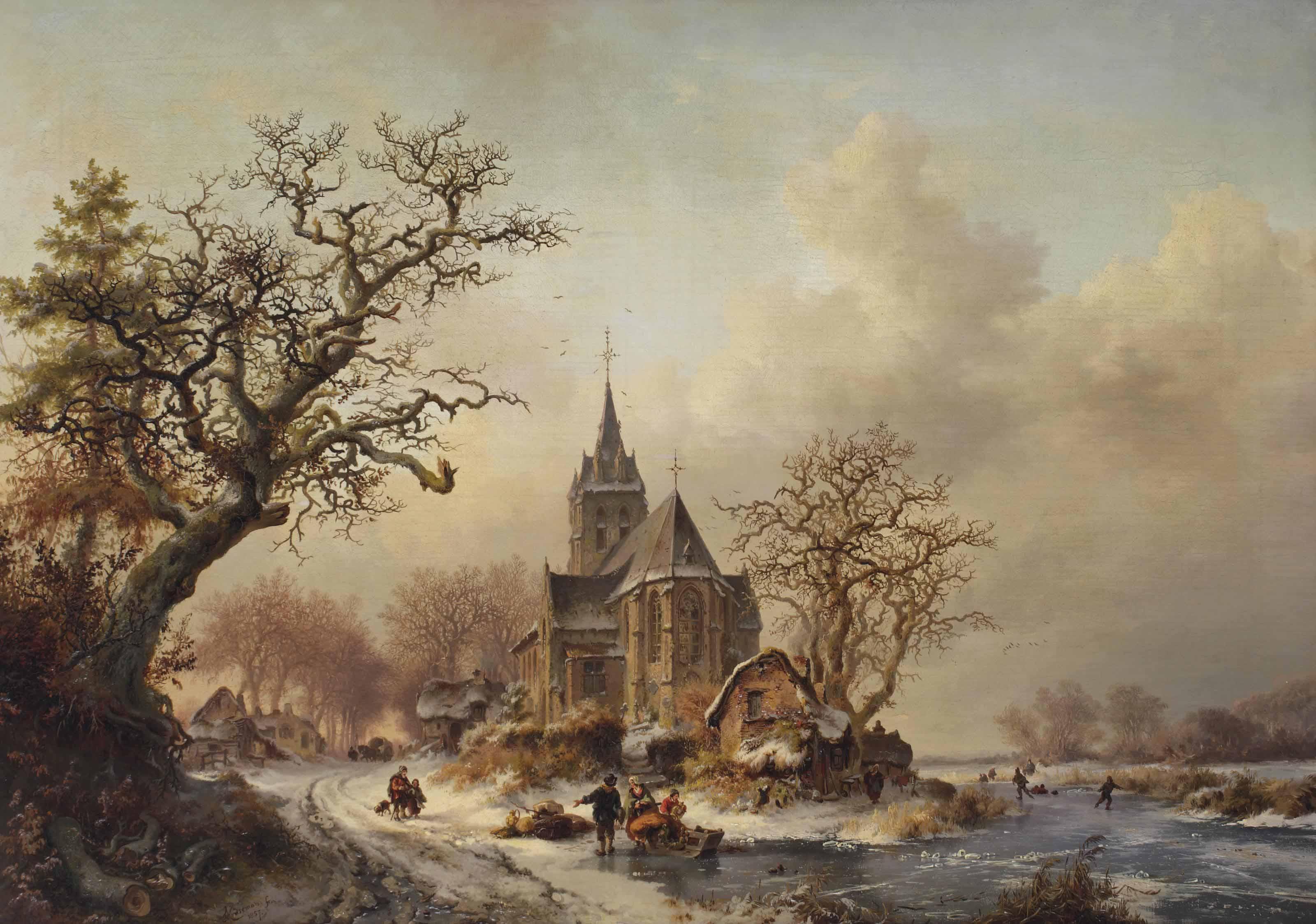 Frederik Marinus Kruseman - A winter landscape with activities around a village
