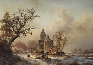 Frederik Marinus Kruseman - A winter landscape with activities around a village