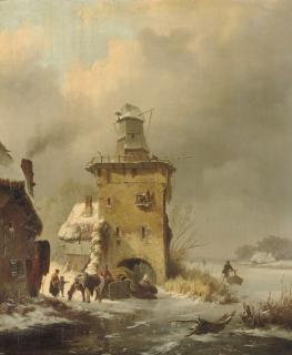 Frederik Marinus Kruseman - A winter landscape with people on a frozen waterway near a ruinous mill