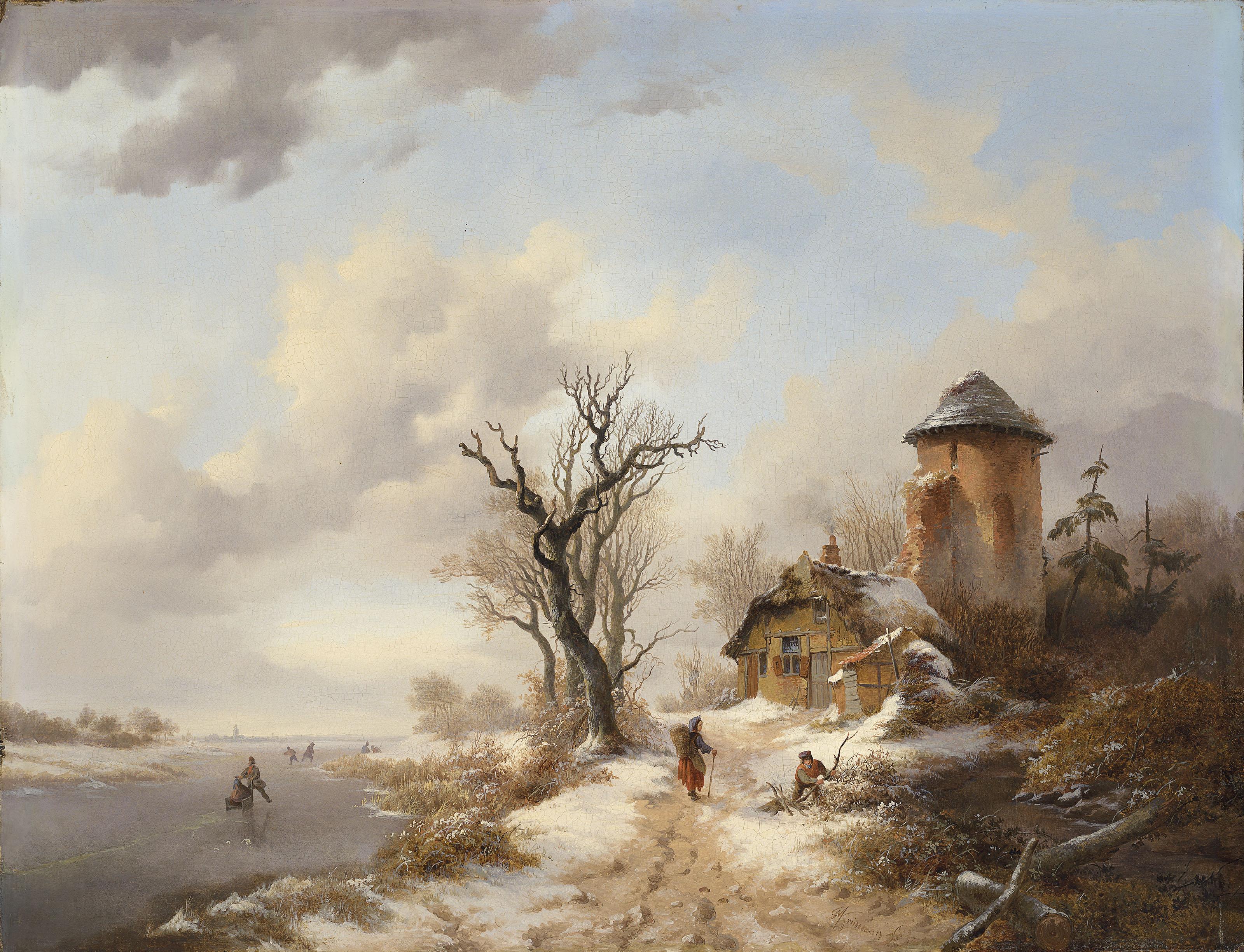 Frederik Marinus Kruseman - A winter landscape with wood faggots