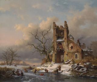 Frederik Marinus Kruseman - A winter scene with skaters on a frozen waterway