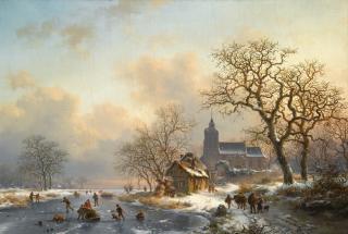 Frederik Marinus Kruseman - Dutch a Winter Landscape With Skaters On A Frozen River