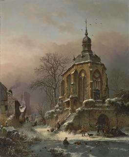 Frederik Marinus Kruseman - Figures at Work in a Winter Landscape, an approaching Storm beyond