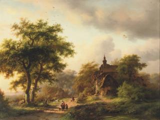 Frederik Marinus Kruseman - Figures on a sunlit path near a mansion