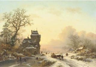 Frederik Marinus Kruseman - On the ice by a mansion at sunset