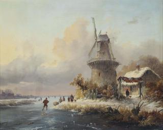 Frederik Marinus Kruseman - Skaters By A Windmill