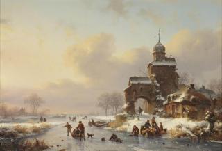 Frederik Marinus Kruseman - Skaters on a frozen waterway near a castle