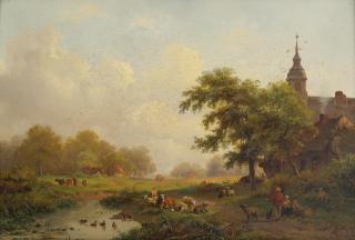 Frederik Marinus Kruseman - Summer Landscape With Sheperds And Cattle Near A Village