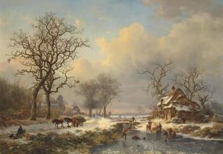 Frederik Marinus Kruseman - Winter landscape with children playing on the ice
