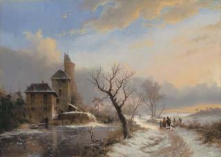 Frederik Marinus Kruseman - Winter landscape with figures near a city gate