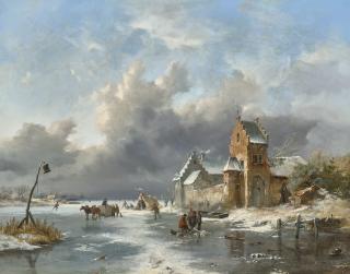 Frederik Marinus Kruseman - Winter landscape with figures on a frozen river