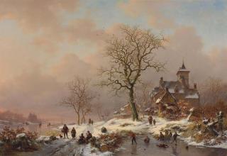 Frederik Marinus Kruseman - Winter landscape with figures playing on the ice