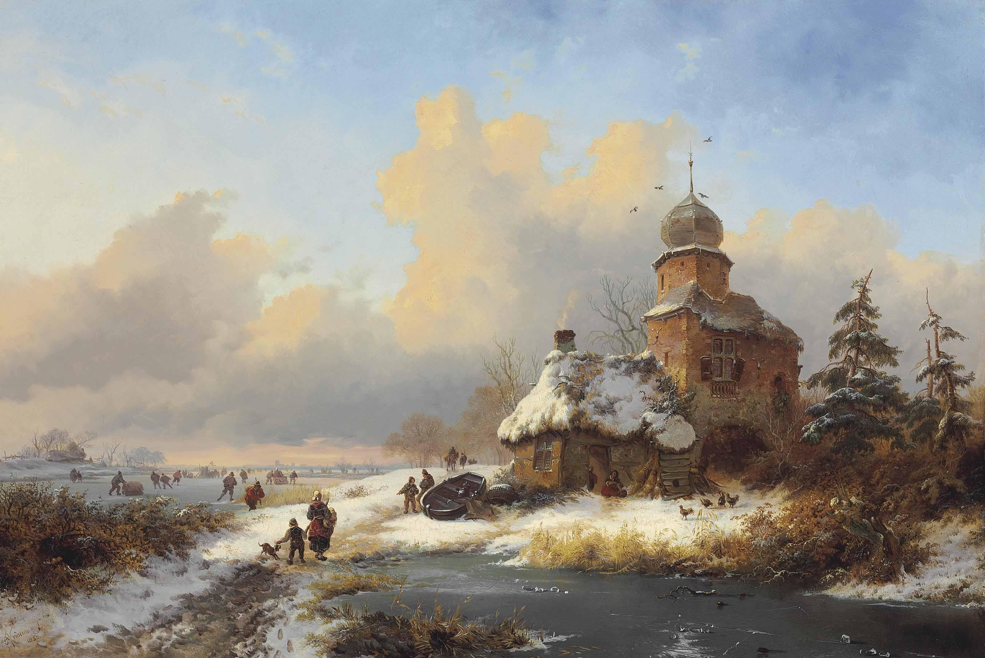 Frederik Marinus Kruseman - Winter Landscape with Ice Amusements on a Frozen River