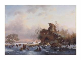 Frederik Marinus Kruseman - Winter landscape with skaters near a dilapidated castle