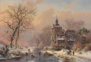 Frederik Marinus Kruseman - Winter Landscape With Skaters On A Frozen River