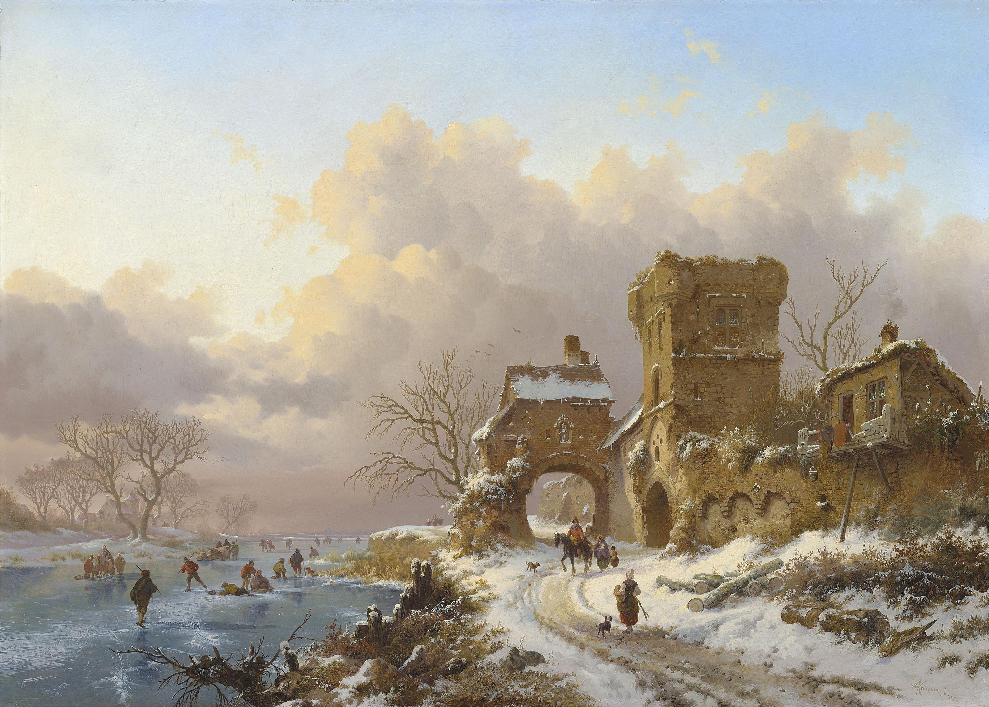 Frederik Marinus Kruseman - Winter landscape with travellers near a town gate