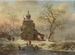 Frederik Marinus Kruseman - Winterfun at sunset by a mansion