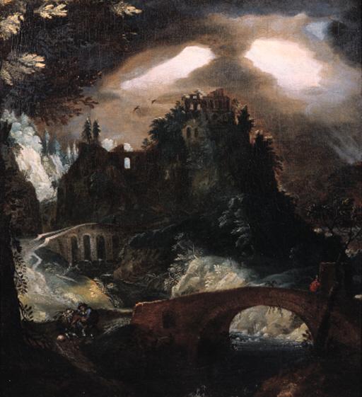 Frederik Van Valckenborch - A fantasy landscape with thunderstorm at night