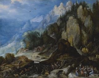 Frederik Van Valckenborch - A Mountainous Village Landscape With Waterfalls, Mills, A Castle On A Hill, Various Animals, And Figures In The Foreground