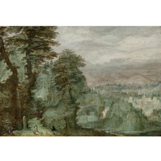 Frederik Van Valckenborch - An Extensive Wooded Landscape With Travelers On A Path