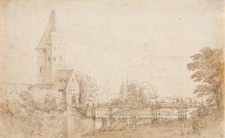 Frederik van Valckenborch - Flusslandschaft mit Holzsteg und Turm, im Vordergrund eine