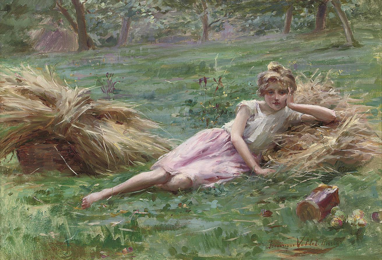Frédérique Vallet-Bisson - Jeune fille étendue dans l\'herbe