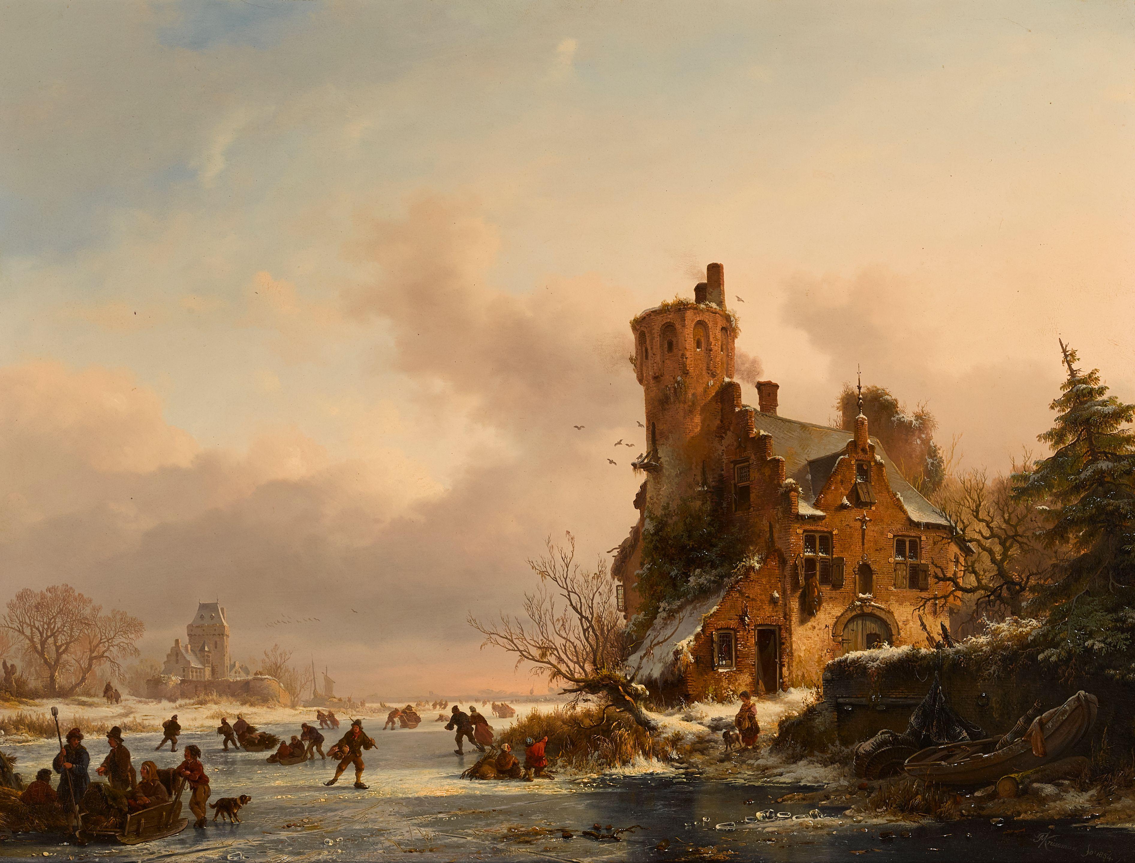 Fredrik Marinus Kruseman - A frozen winter landscape with skaters on a river