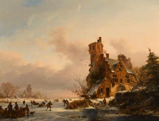 Fredrik Marinus Kruseman - A frozen winter landscape with skaters on a river