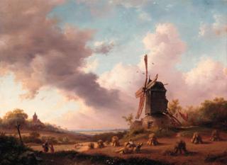Fredrik Marinus Kruseman - A summer landscape with harvesting farmers