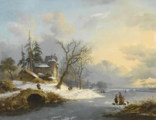 Fredrik Marinus Kruseman - Dutch winter Landscape With Strollers And Skaters