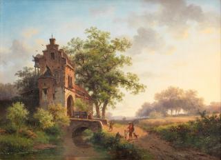 Fredrik Marinus Kruseman - Summer landscape with figures near a town gate