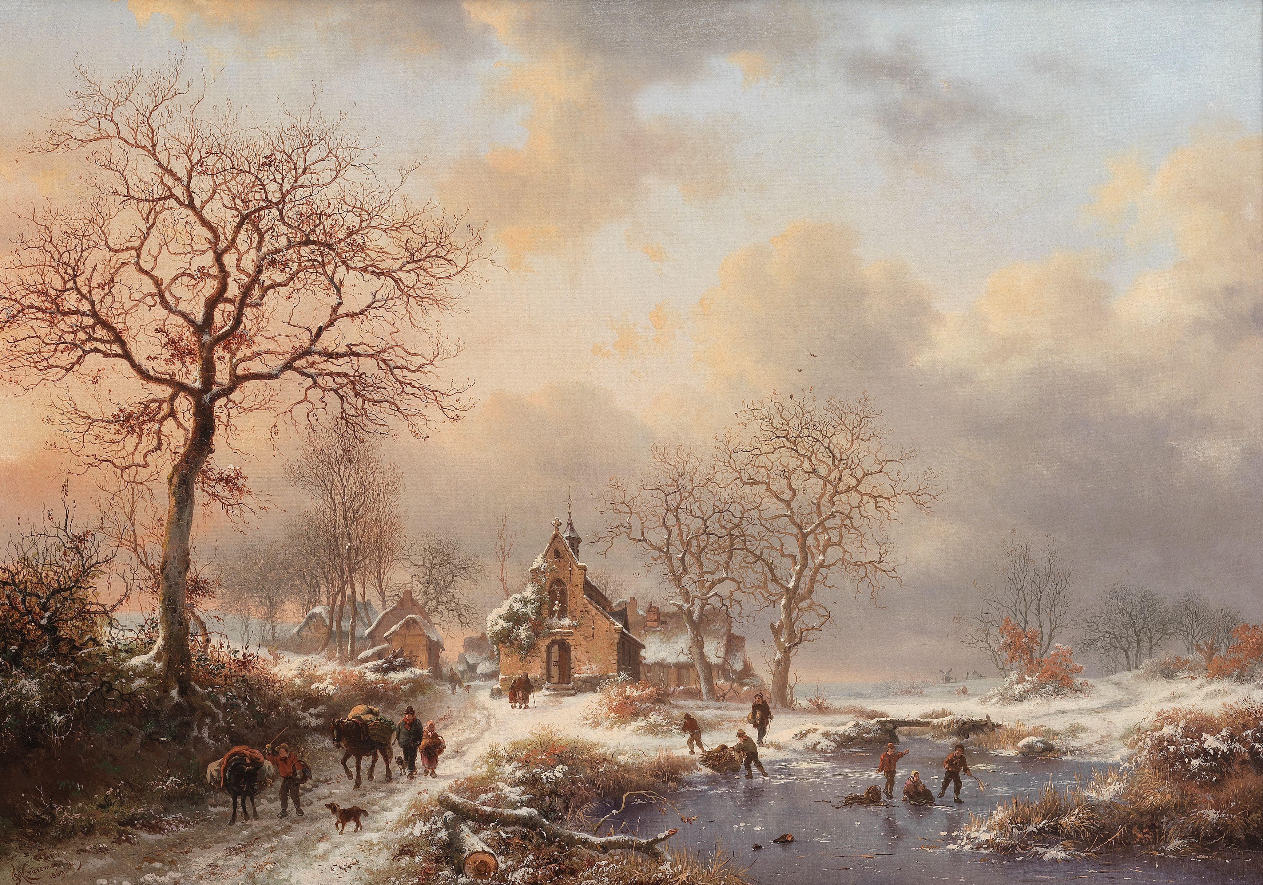 Fredrik Marinus Kruseman - Winter Landscape With Figures Near The Chapel \'Notre-Dame Des Affliges\' At Stalle