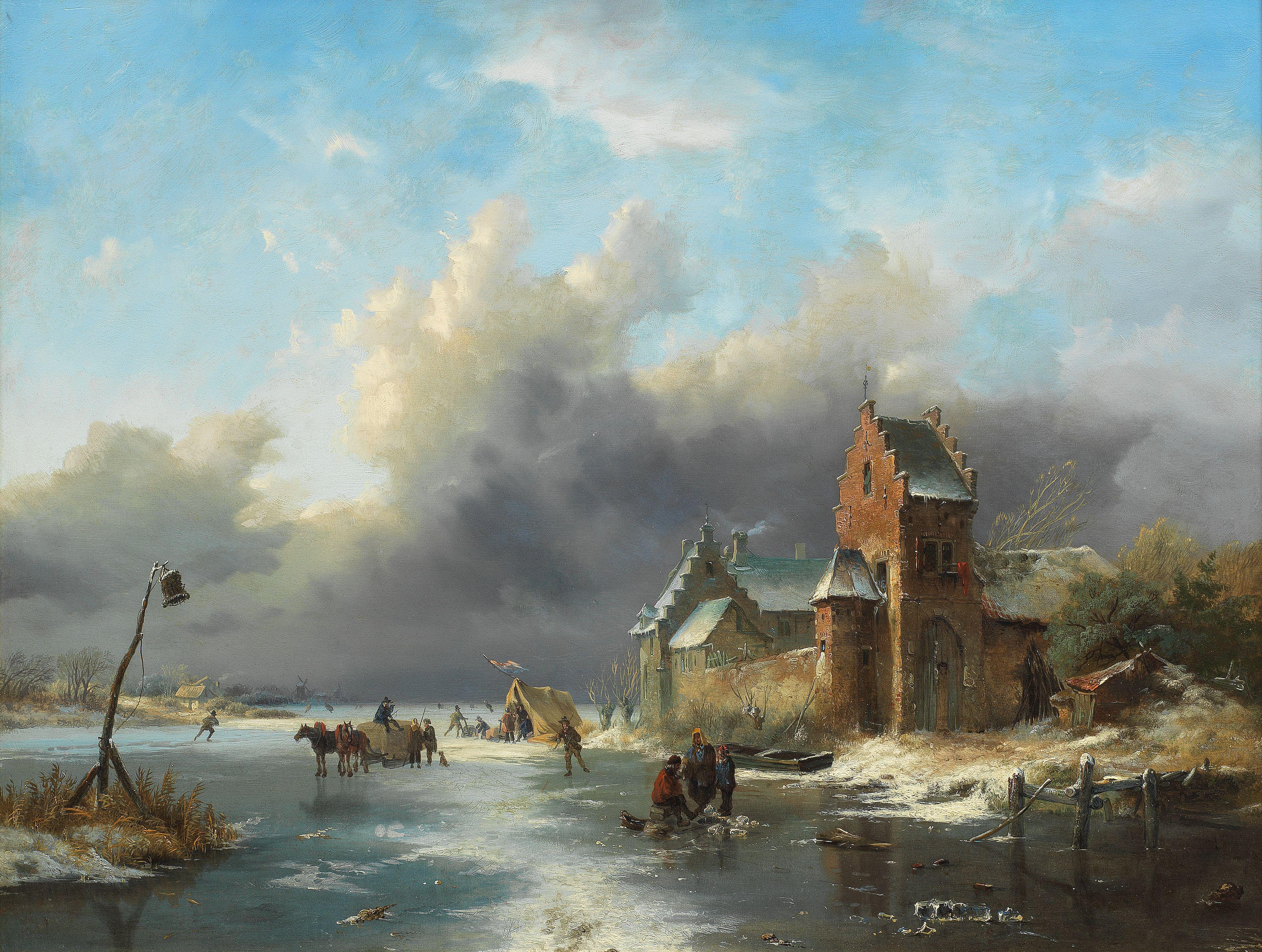 Fredrik Marinus Kruseman - Winter landscape with figures on a frozen river