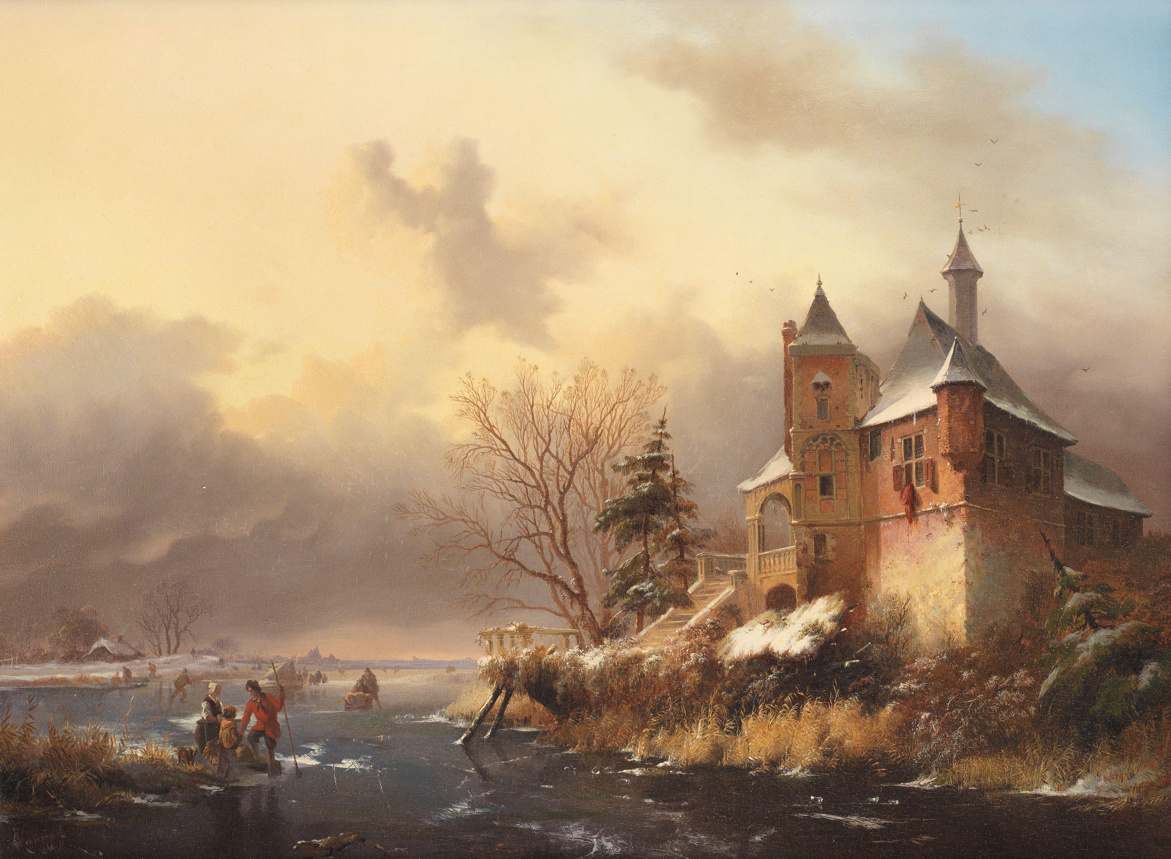 Fredrik Marinus Kruseman - Winter landscape with skaters near a castle