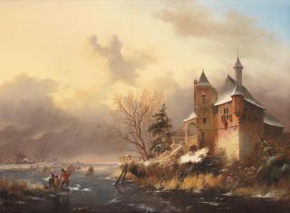 Fredrik Marinus Kruseman - Winter landscape with skaters near a castle
