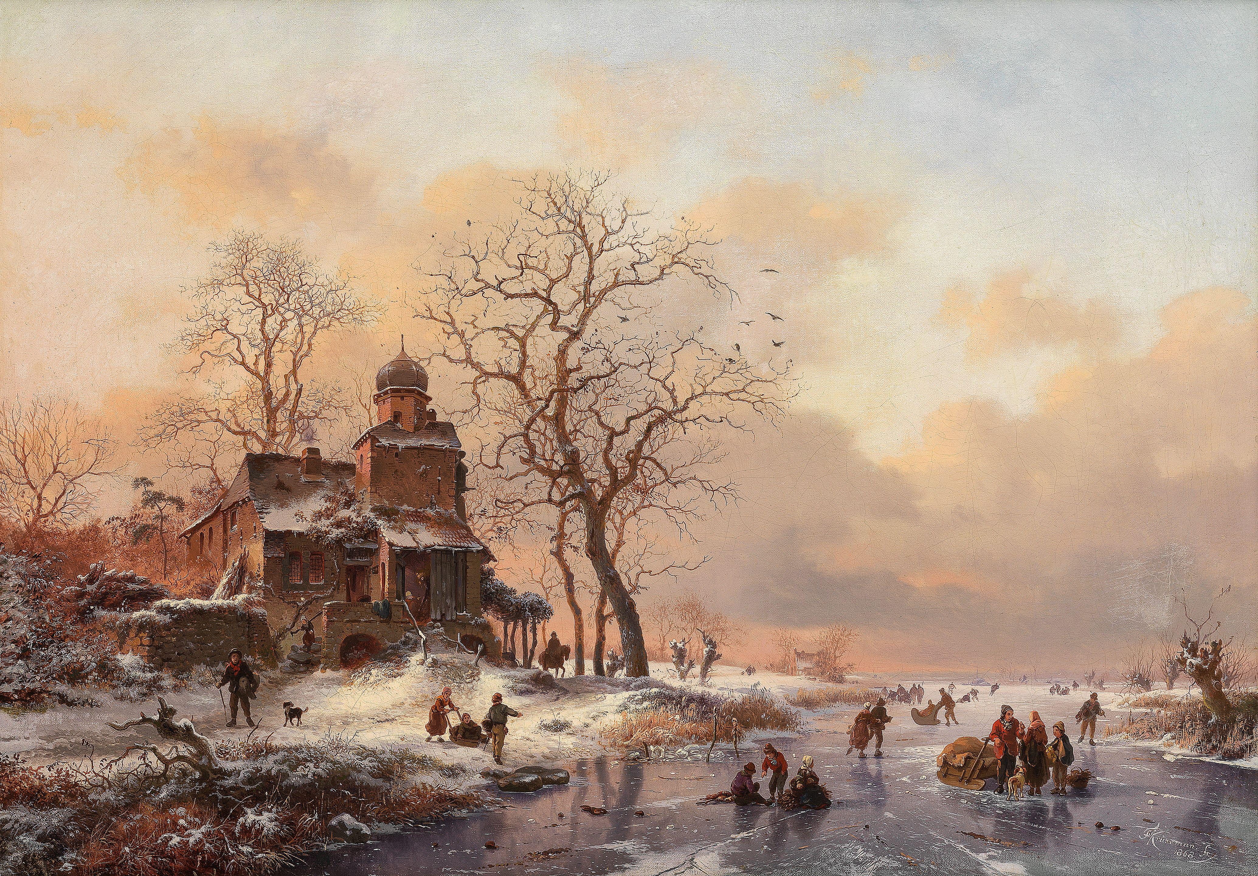 Fredrik Marinus Kruseman - Winter Scene With Figures Skating
