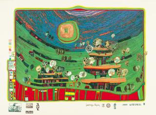 Friedensreich Hundertwasser - Die Häuser hängen unter den Wiesen aus: Regentag (look at it on a