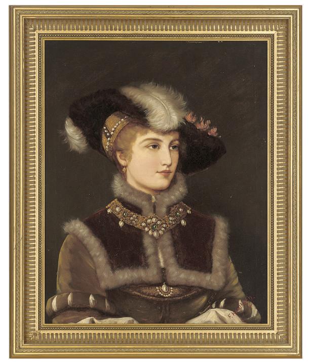 Friedrich August Kaulbach - Portrait of a young lady, bust-length, in a fur hat with a feather and a gold and pearl necklace