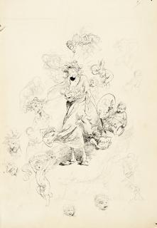 Friedrich August von Kaulbach - 3 Bll.: Entwurf zum Titelblatt der „Lenbachiade“ – Am Pranger – Karikatur Bruno Piglhein (?)